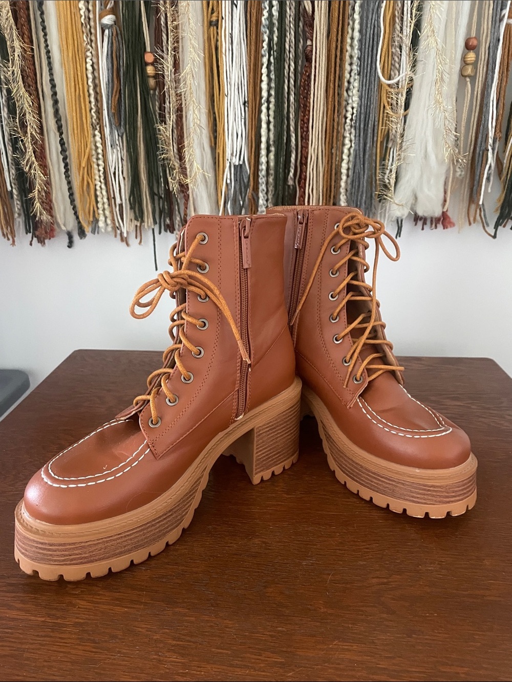 Chunky Lace-Up Platform Boot in Cognac Brown size 7.5